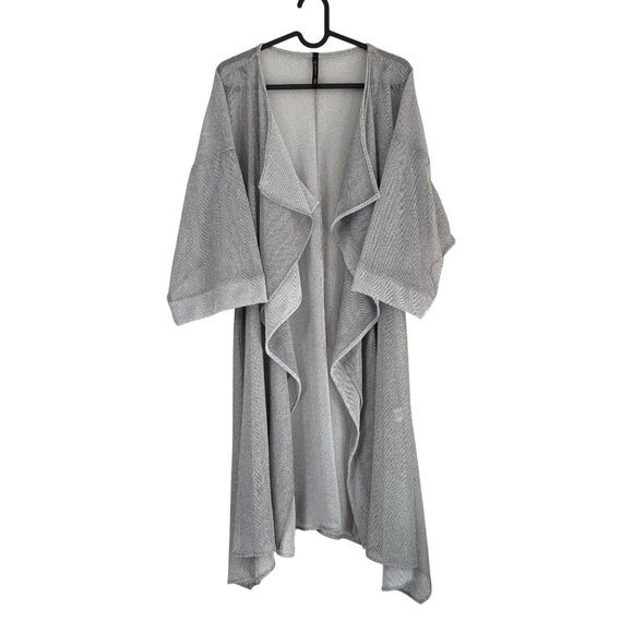 IC Connie K Gray Open Mesh Waterfall Lagenlook Open Duster Cardigan Sweater L - Picture 1 of 6
